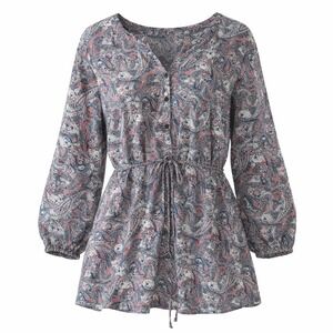 Ten Ten Paisley‎ Blouse Button Down Long Sleeve Tunic Top Tie Waist Pink Blue 2X
